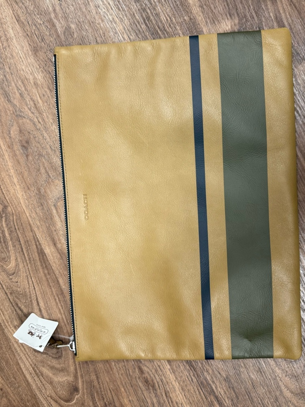 COACH Men's Tan and Olive Leather Zip Pouch with Black Stripes - Picture 10 of 11